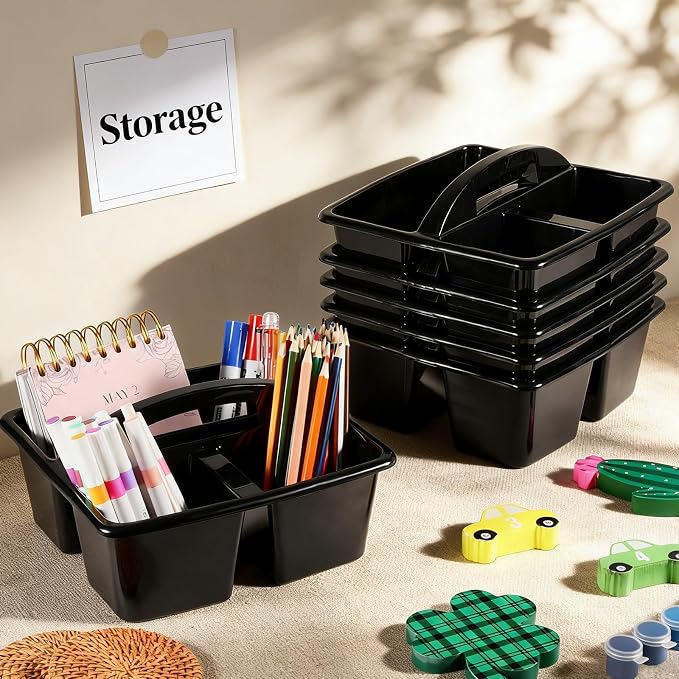 6 Pack Classroom Caddy with Handle Plastic Storage Caddy Organizer with 3 Compartments Desk Caddies Holder Portable Storage Bin for Pencil, Crayon, Marker, Home, Office, School Supplies(Black) - Image 4