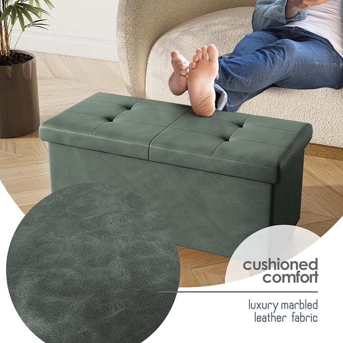 Storage Ottoman Bench with Bins, 30-in Storage Bench for Bedroom End of Bed, Folding Foot Rest Ottoman for Living Room Max 660lbs, Leather Ottomans, Green - Image 8