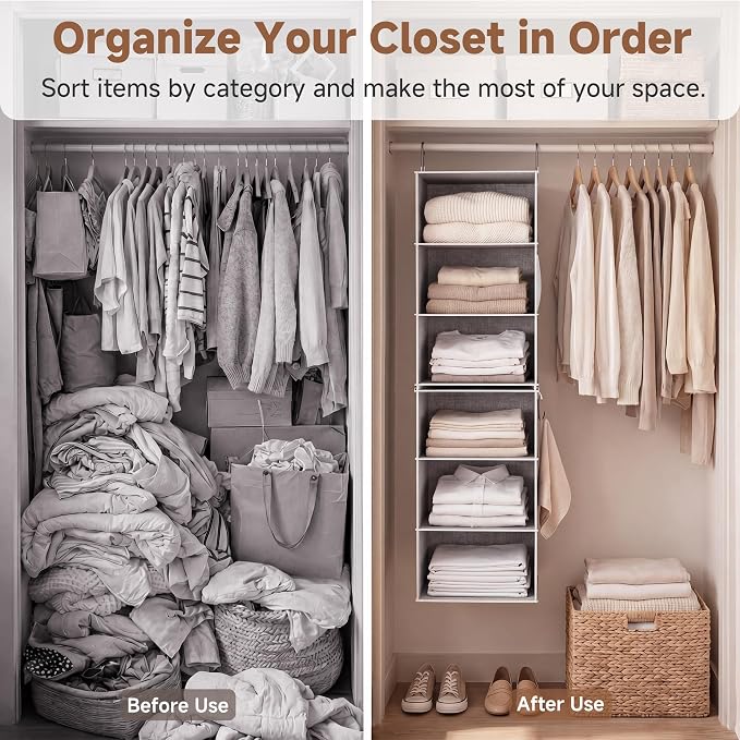 StorageWorks 6-Shelf Closet Organizers, Two 3-Shelf Separable Hanging Shelves for Close, 12 1⁄2" D x 12 1⁄2" W x 47 ¼" H, Canvas, Gray - Image 4