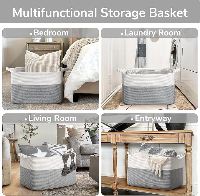 Goodpick 85L Large Woven Rope Blanket Basket, Rectangle, White Gray | 23.6'' x 15.7'' x 13.8'' Storage Basket for Blankets & Pillows, Living Room & Bedroom Organization, Reinforced Handles - Image 4