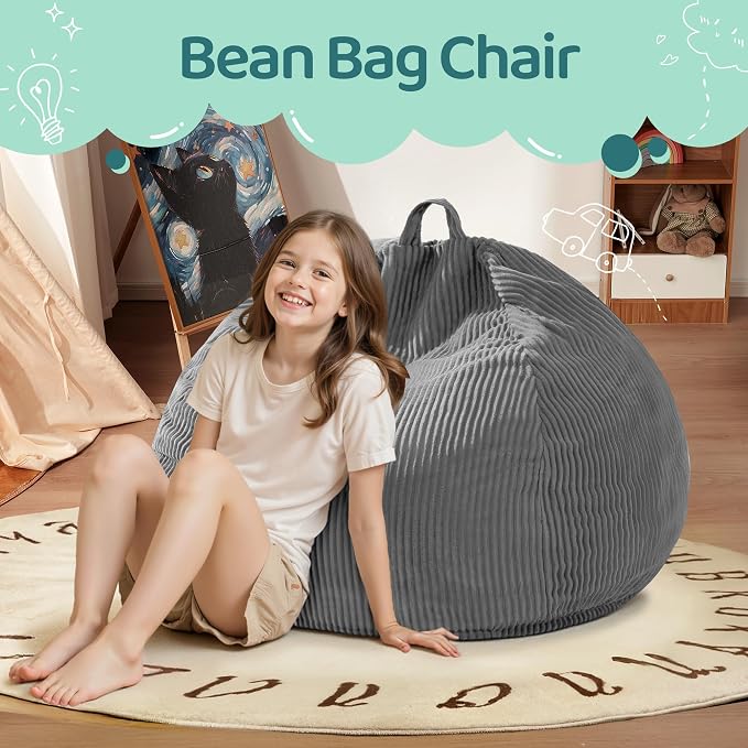 2.5FT Bean Bag Chair,Teardrop Bean Bags with Memory Foam Filled | Beanbag Chairs with Handle,Teardrop Bean Bag Sofa with Corduroy Machine Washable Cover for Living Room,Bedroom-Grey - Image 3