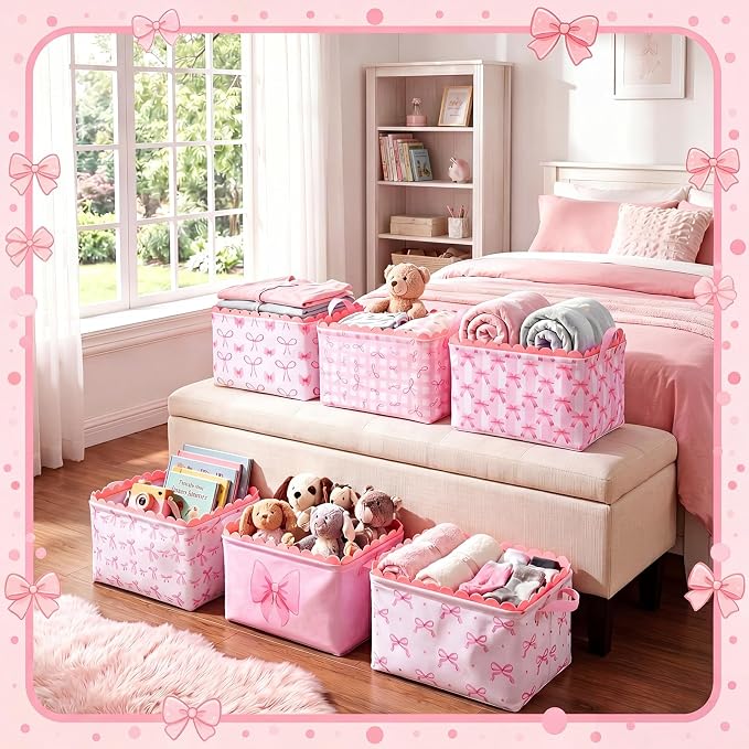 CHENGU 6 Pcs Pink Bow Storage Basket Large Collapsible Scalloped Storage Bin with Handle Preppy Girls Organizer Canvas Basket Candy Holiday Decor for Party Bedrooms Closet Nursery Home Decoration - Image 2