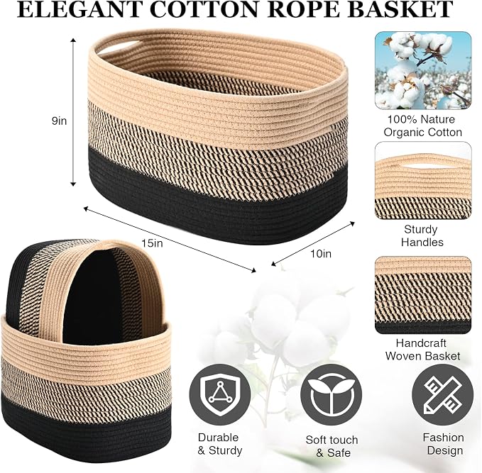 Cotton Rope Storage Baskets for Organizing 3Pack 15"x10"x9" Woven Baskets for Storage,Shelf Baskets Cube Storage Bins Towel Baskets,Toys Baskets Nursery Basket Laundry Baskets(Black/Brown) - Image 2