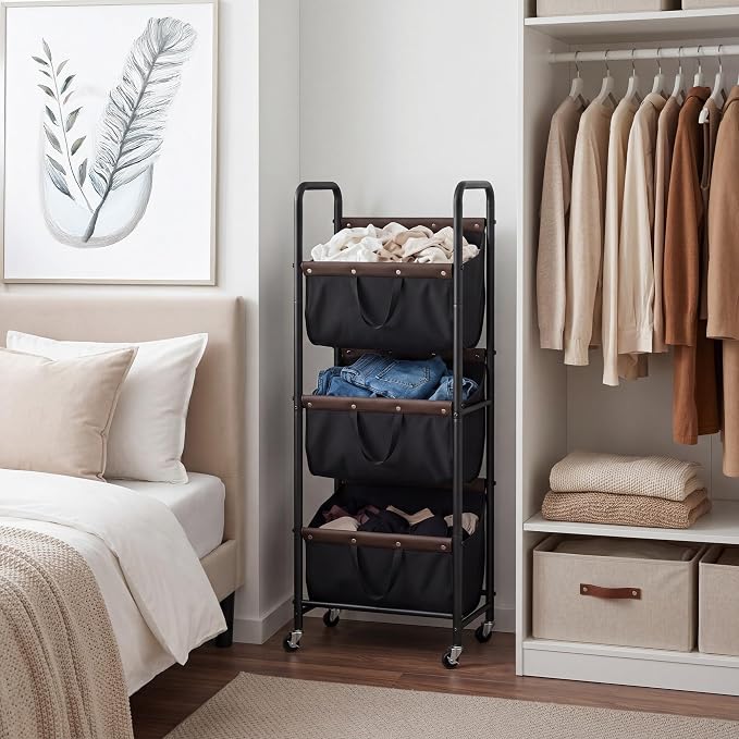 GRANNY SAYS 3 Tiered Laundry Sorter, Narrow Hamper Cart with Wheels | Sturdy 3 Section Laundry Basket with Wheels, Vertical Black Hamper Cart for Bedroom, Bathroom, Apartment - Image 8