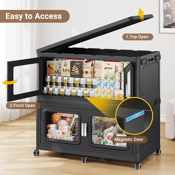 BROVIEW 880 Qt/220 Gal Stackable Storage Bins with Lids, 4 Pack, Black | Large Stackable Storage Boxes w/ 4 Lid Folding Plastic Cart Organizer for Home Kitchen, Open Front Clear Door with Wheels - Image 8