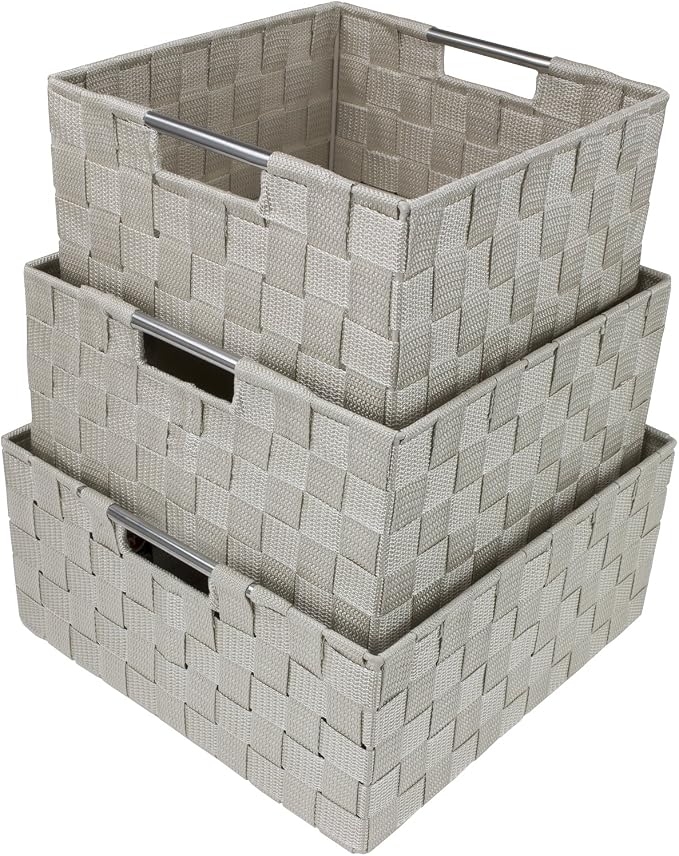 Sorbus Storage Box Woven Basket Bin Container Tote Cube Organizer Set Stackable Storage Basket Woven Strap Shelf Organizer Built-in Carry Handles (Beige) - Image 2