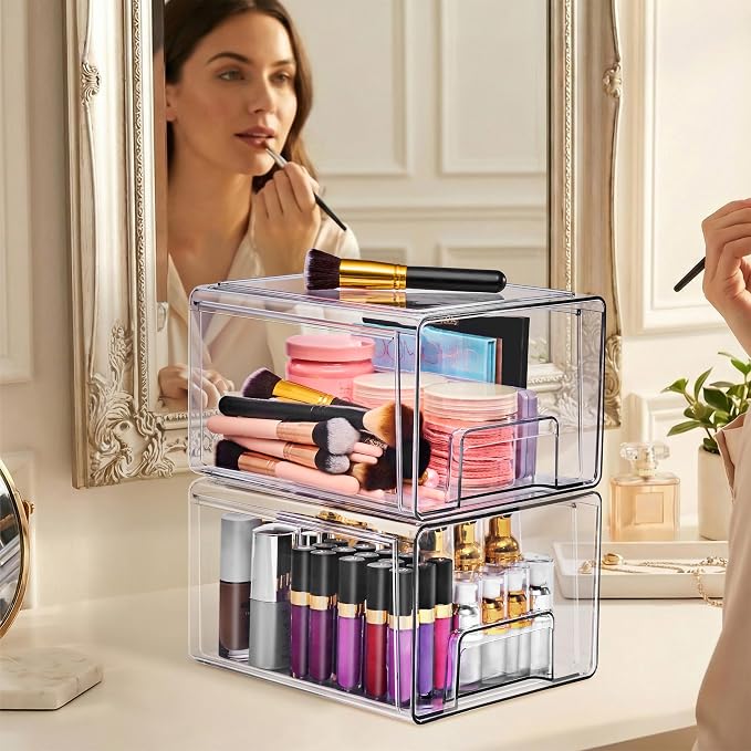 Sorbus Clear Stackable Storage Drawers with Handles (Large, 2 Pack) | Pull-out cabinet organization with multipack plastic bins for bathrooms, closets, medicine, pantries and baby bottles. - Image 2