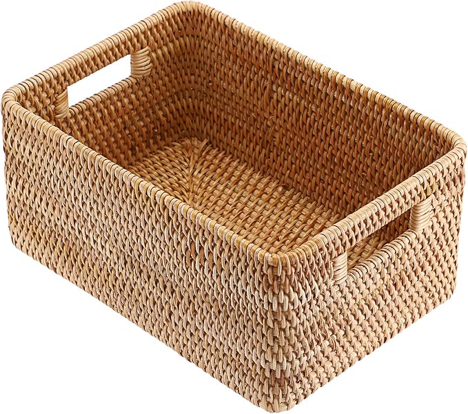 Hipiwe Rattan Wicker Basket for Shelf Organizer Natural Basket with Handles | Handwoven Open Storage Bin Rectangular Closet Organizer Bin Multipurpose Storage Box, 13.8" x 9.8" x 6.3" - Image 8
