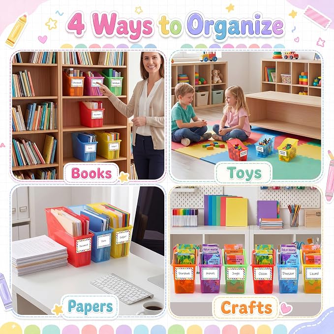 Blosssound 12 Set Book Bins for Classroom Stackable,Translucent Colorful | Plastic Baskets with Labels, Slanted Front, Library Supplies Organizers, Desktop Storage Bins, Teachers Home School Use - Image 4