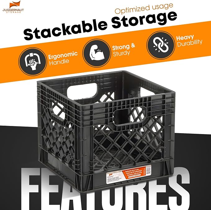 Juggernaut Storage 2-Pack Stackable Heavy Duty Milk Crates, Handles, 16 Qt | Organizing Plastic Crate Basket for Grocery Shopping, Home Supplies, and Bathroom Accessories, Black - Image 2