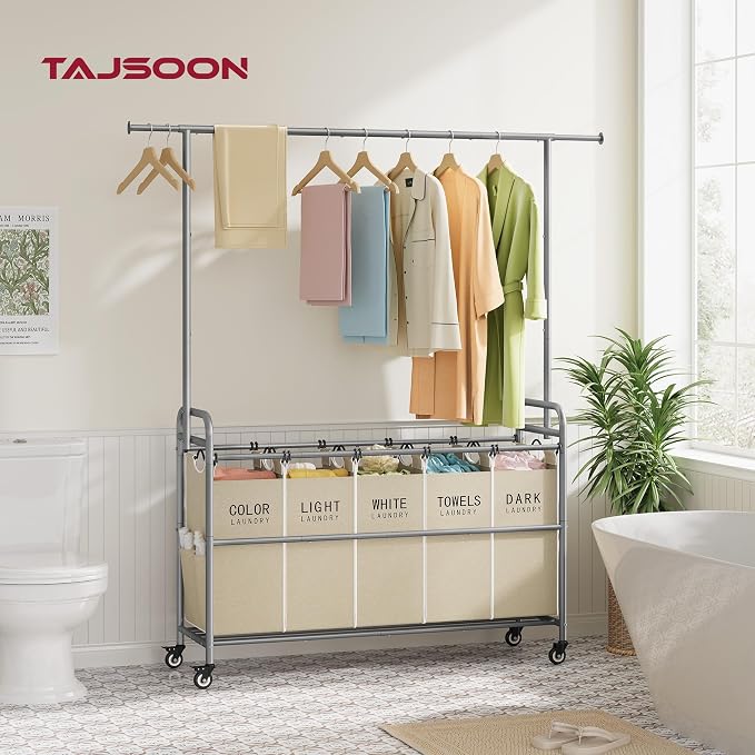 Laundry Cart with Hanging Rack, 65 Gal. Large Laundry Hamper, Beige | Rolling Laundry Cart with Hanging Bar with Removable Bag and Lockable Wheels, Separator Hamper Cart for Bedroom, Bathroom - Image 2