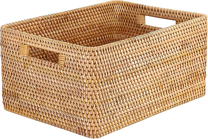 Hipiwe Rattan Wicker Storage Basket for Shelf Organizer, Large 15"x11"x7.1" | Handwoven Decorative Basket Bin with Build-in Handles, Natural Rectanguar Wardrobe Home Organizer by Hipiwe
