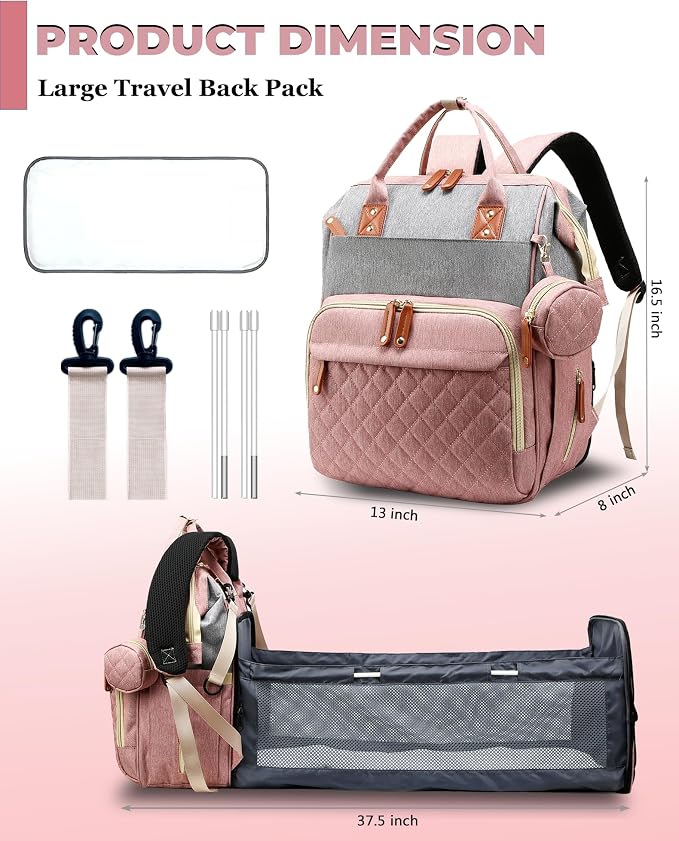 Diaper Bag with Changing Station, Waterproof 3 in 1 Diaper Backpack with Foldable Changing Pad, Large Travel Backpack for Mom & Dad, Baby Gift for Baby Girl & Boy, Pink-Grey - Image 4
