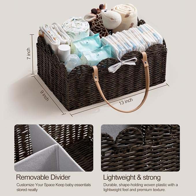 HBlife Baby Diaper Caddy Organizer, Portable Scalloped Plastic Wicker Woven Basket with Divider, Nursery Diaper Station, Baby Shower Gifts Basket, Car Organizer, Washable Waterproof - Image 5