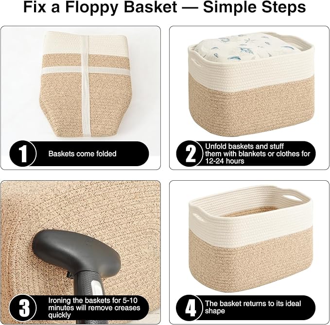ICERZCZ Woven Cotton Rope Storage Baskets for Organizing & Shelves, Organization Bins for Dog Toys, Clothes, Books, Nursery Organizer, 15"x11"x9", Off White & Mixed Brown (4 Packs) - Image 7