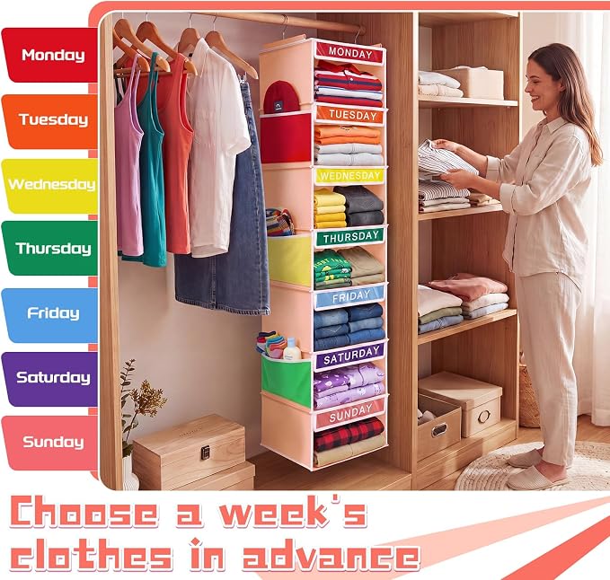 2 Pcs 7 Shelf Weekly Clothes Organizer for Kids Hanging Closet Organizer 11. 8 x 11. 8 x 50 Inch Daily Activity Kids Clothes Storage Drawers Cube Drawers Closet Hanging Shelves(Orange Pink) - Image 7