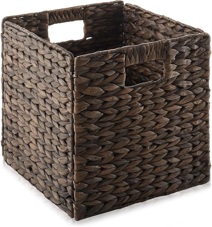Casafield 10.5" x 10.5" Water Hyacinth Storage Baskets, Espresso - Set of 2 Collapsible Cube Organizers, Woven Bins for Bathroom, Bedroom, Laundry, Pantry, Shelves - Image 3