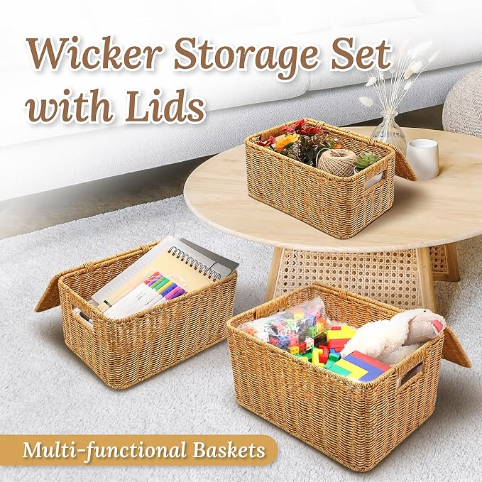 WeeNest Baskets with Handles, Wicker Storage, Shelf Boxes for Organizing, Stackable Woven Bins, Decorative Lidded Resin, Set of 3, Amber - Image 3