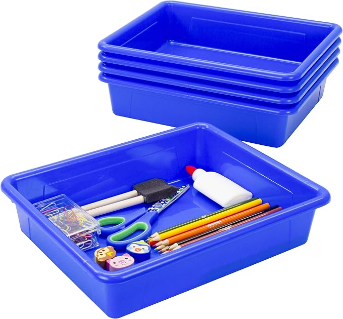Storex Letter Size Flat Storage Tray – Organizer Bin for Classroom, Office and Home, Blue, 5-Pack (62517A05C), 10 x 13 x 3 Inches by Storex