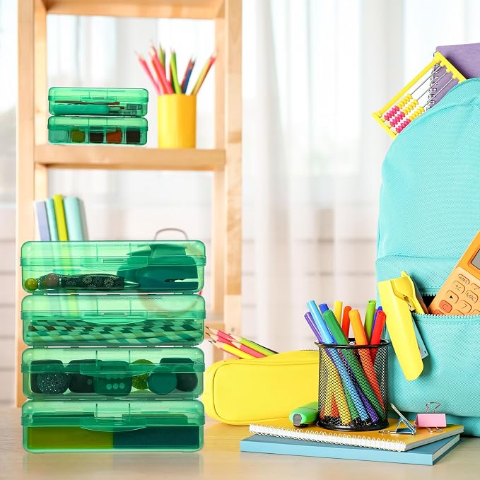 Fainne 24 Pack Clear Plastic Pencil Box,Green | Stackable Organizer for School Supplies, Large Case for Crayons Markers, Snap-lid Keeps Stationery Secure, Bulk Set - Image 5