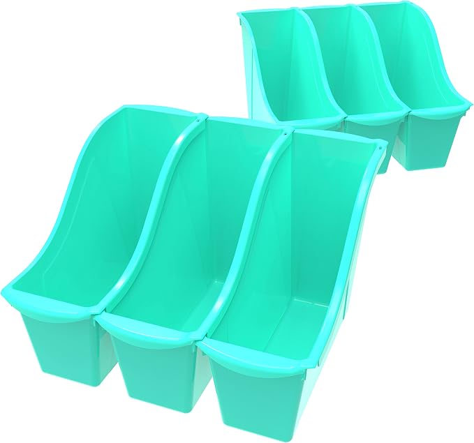 Storex Small Book Bin, Linking Storage Bin, Dry Erase Surface, 11.75" x 8.5" x 4.5" STEM Turquoise (Pack of 6) - Image 8