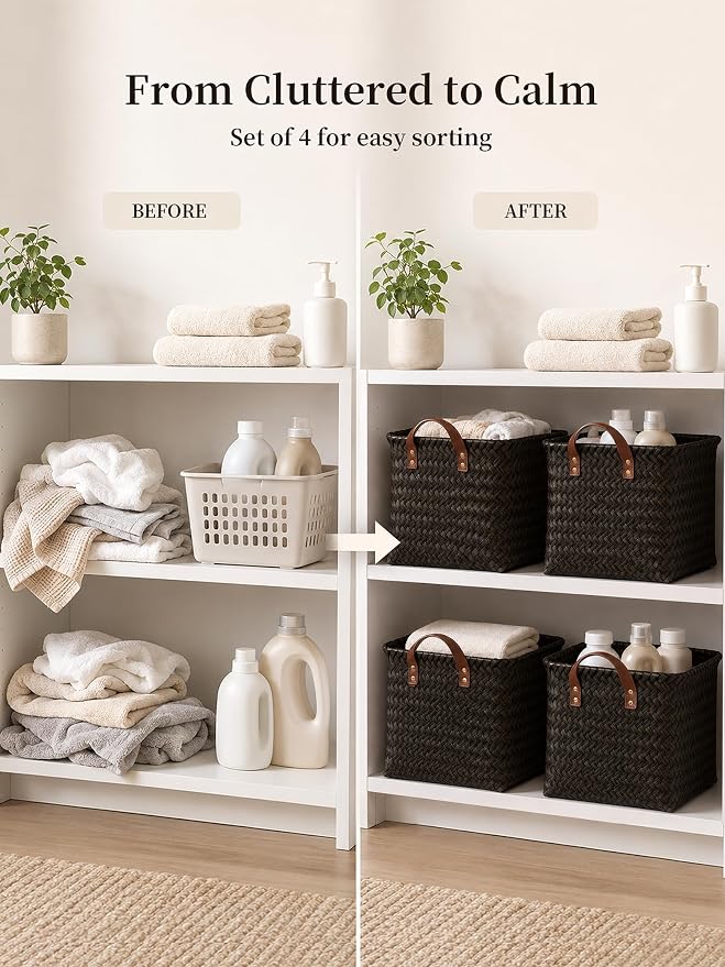 Wicker Storage Baskets, 4 Pack Woven Baskets for Shelves, Dark Gold | PP Rattan, Water-resistant Wicker Basket, Large Baskets with Faux Leather Handles for Blanket, Laundry Organizer, Room Decor - Image 4