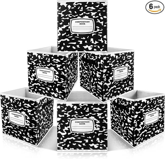 Demonwer 6 Pcs 11 Inch Fabric Storage Bins Notebook Themed Cubby Basket Bins with Handles Notebook Storage Containers for Back to School Decorations Office Home Organizer Supplies by Demonwer