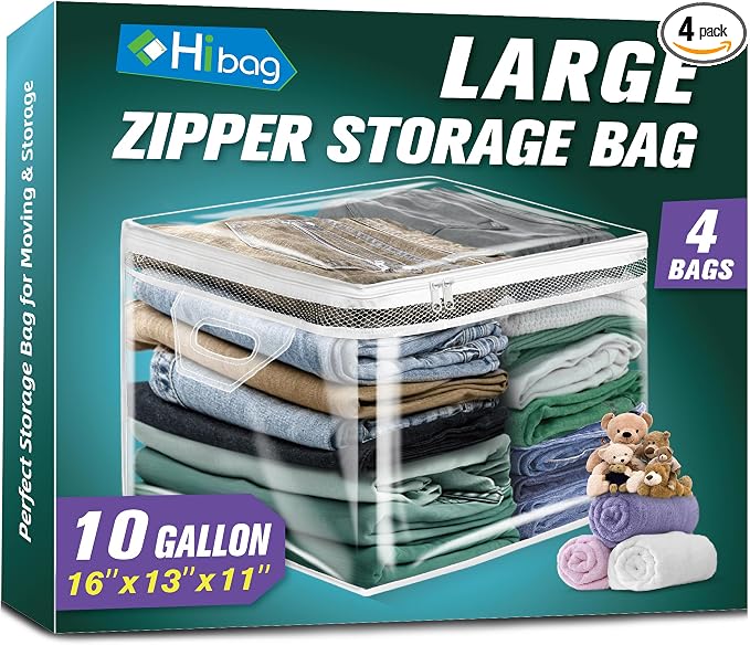 HIBAG 10 Gallon Large Storage Bag for Clothes, Zipper Clothing Storage Bag, Clear Organizer with Reinforced Handles, for Closet and Underbed Storage (4 Pack) by HIBAG