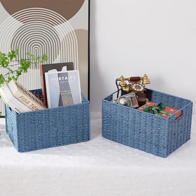 Wicker Storage Basket, Set of 2 Hand-Woven Paper Rope Wicker Basket, Large Storage Baskets for Organizing Toilet Paper, Foldable Cube Storage Organizer Bins for Shelves (Blue) - Image 5