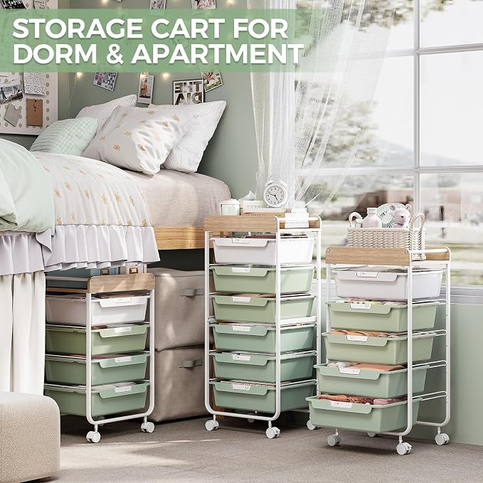 SYKIARIOL Rolling Storage Utility Cart with 4 Drawers,Art Cart,Green | Kids Craft Cart,Makeup Organizer and Storage with Wooden Tabletop - Image 8