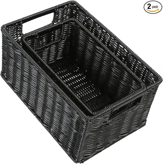 HOONEX Wicker Baskets for Storage, Plastic Baskets for Organizing with Dual Handles, Woven Baskets for Storage, Set of 2, Black by HOONEX