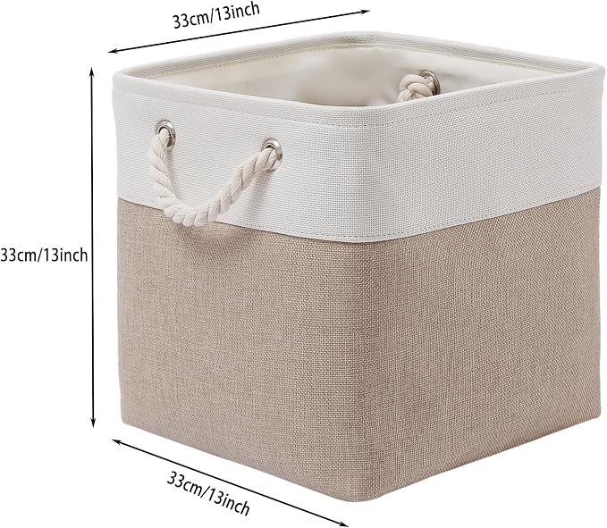 MidmmVick 13 x 13 Inch Cube Storage Bins, 4 Pack Large Collapsible Fabric Storage Bin with Ropes, Foldable Storage Cubes for Home, Office,Closet, Clothes, Toys Organizer (White & Beige) - Image 4