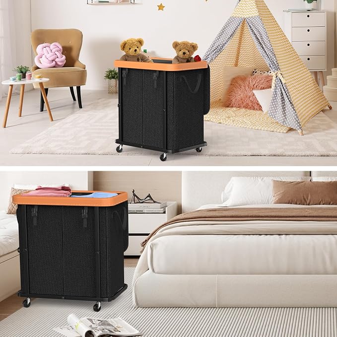 Laundry Basket with Wheels,190L Leather Patchwork Laundry Hamper 2 Setion | Sturdy Metal Frame, Removable Washable Bag, Tall Clothes Sorter for Bedroom - Black - Image 6