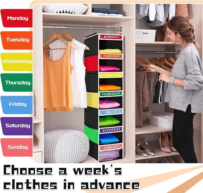2 Pcs 7 Shelf Weekly Clothes Organizer for Kids Hanging Closet Organizer 11. 8 x 11. 8 x 50 Inches Daily Activity Kids Clothes Storage Drawers Cube Drawers Closet Hanging Shelves(Black) - Image 7