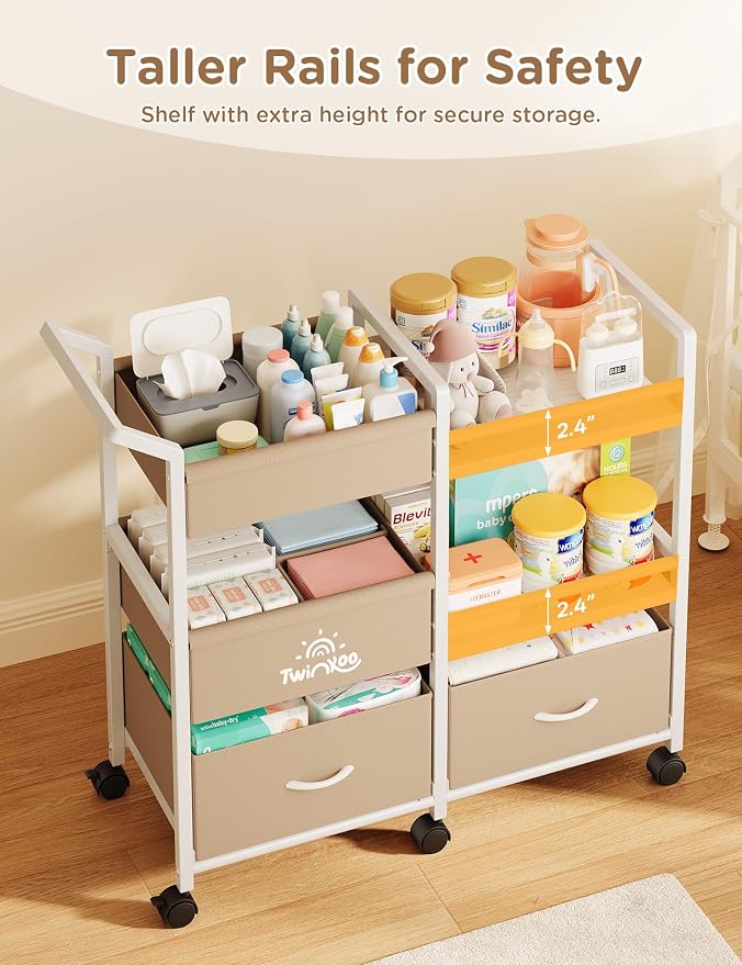 Twinkoo Baby Diaper Caddy Organizer, 3 Tier Rolling Cart | Tiered Modular Configuration, 66 lbs Capacity, Rolling Wheels, Dipaer Bag, Nursery Newborn Essentials, Easy To Assemble - Image 6