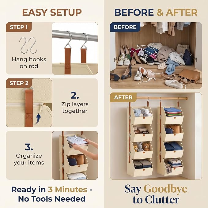 8-Tier Beige Detachable Hanging Closet Organizer 2 Pack Fabric Shelves | Heavy-duty reinforced rods prevent sagging, even with bulky items - Image 6
