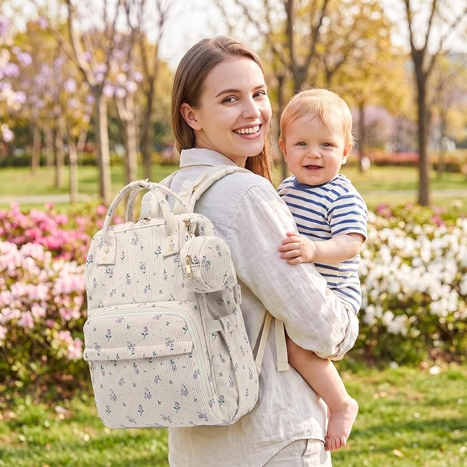 Baby Diaper Bag Backpacks for Mom Dad, Corduroy Large Capacity Multifunction Nappy Bag with Pacifier Case, Baby Travel Essentials Diaper Backpack for Boys Girls - Flowers Purple - Image 2