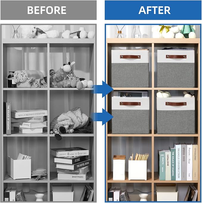 Temary Cube Storage Bins 4 Pack Storage Cubes 11?11 Fabric Storage Bins Foldable Cube Storage Baskets with Handles, Collapsible Storage Basket for Shelf (White & Grey, 11 x 11 x 11) - Image 6