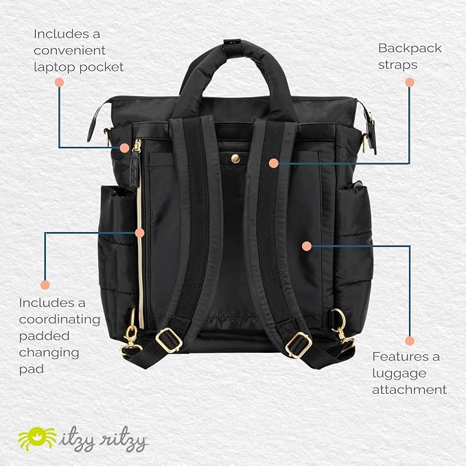 Itzy Ritzy Dream Convertible Diaper Bag Tote Backpack - Baby Diaper Bag with 14 Pockets, Changing Pad & More (Midnight Black) - Image 6
