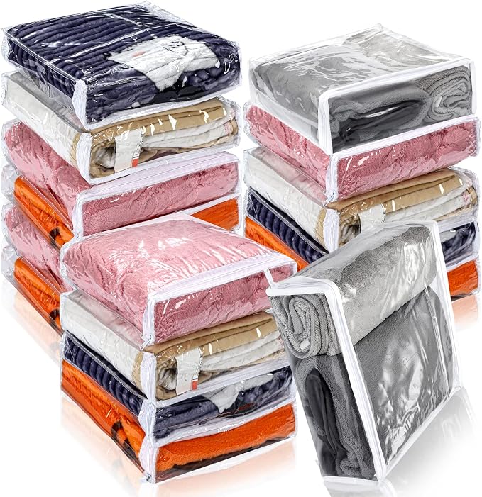 Kingdder 16 Pcs Clear Zippered Storage Bags Plastic Sweater Bag with Zipper | 12 x 12 x 4 Inch Vinyl Sheet Organizer and Storage for Clothing Blankets Sheet Linen Bed Pillow Cube Organizer by Kingdder