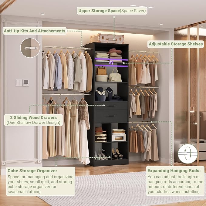Besiost Closet System, 4-8 FT Closet Organizer Tower with 2 Wooden Drawers and Shelves, Can Fit 60 to 96 inch Walk-in Closet System with 5 Hang Rods, Built-in, Black - Image 4