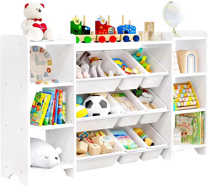 MallBest 57" Extra Wide Kids Bookshelf and Toy Storage Organizer, Solid Pine Wood Frame Playroom Organizer with 9 Bins, 4-Tier Toy Organizer for Kids Room, Nursery and Bedroom,White by MallBest