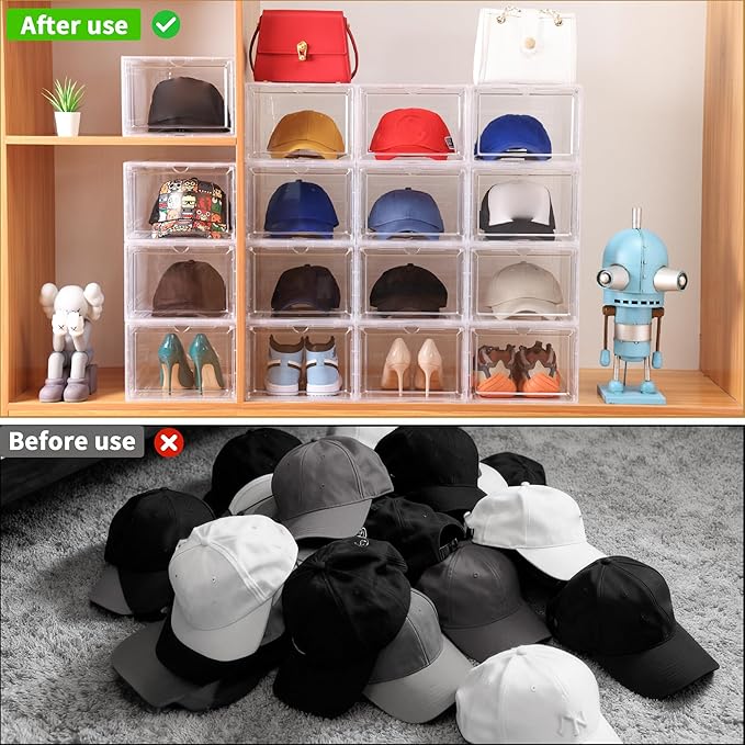 Attelite Upgrade Harder Solid Plastic Hat Organizer for Baseball Caps, 8 Pack Stackable Hat Storage Box with Clear Magnetic Door, Hat Rack(XL-Black) - Image 7