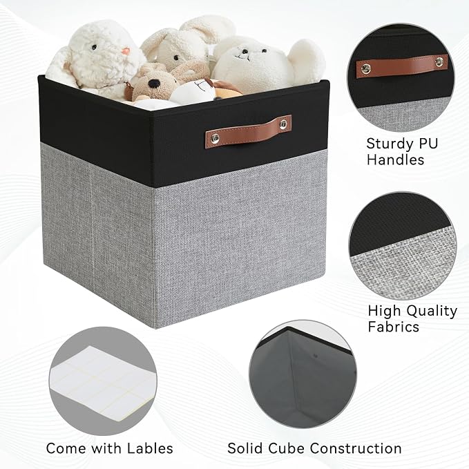Collapsible Fabric Storage Cube Bins with 2 Reinforced PU Handles, Foldable Storage Organizer Baskets for Closet, Shelves, Living Room | 13"x13"x13", 4 Pack, Black & Gray - Image 7