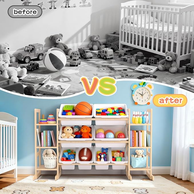 Fuilee Wooden Toy Storage Organizer for Kids, Multi-Tier Toy Organizer with Bins & Side Montessori Bookshelves, Sturdy Natural Wood Playroom Storage Solution for Toys, Books, Games - Image 3