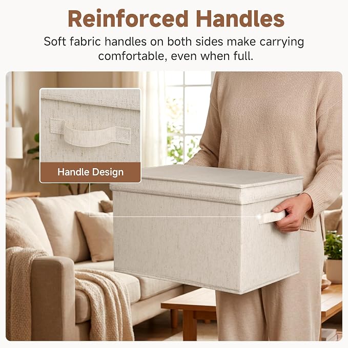 StorageWorks Fabric Storage Bins with Lids, Closet Storage Bins | Lidded Dust-proof, Easy Pull Handles, Foldable, Stackable, Ideal for Clothes Blanket Towel, Jumbo, Rustic Linen, 3-Pack - Image 8