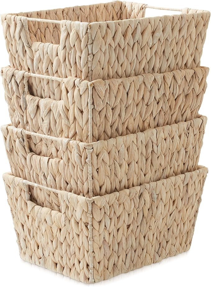 Casafield Set of 4 Water Hyacinth Storage Baskets with Handles - Whitewash White, Woven Storage Bins for Shelves, Blankets, Laundry Organization - Image 2