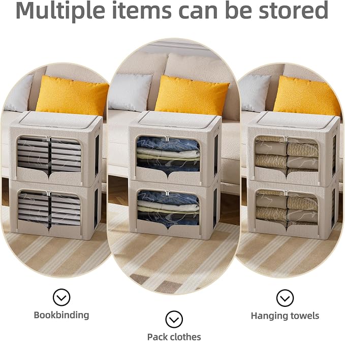FHSQX 3 Pack Clothes Storage Bins - Foldable Metal Frame Storage Box - Stackable Linen Fabric Container Organizer Set with Carrying Handles and Clear Window (Cream White, 16.5x12.2x12.2inch(40L)) - Image 5