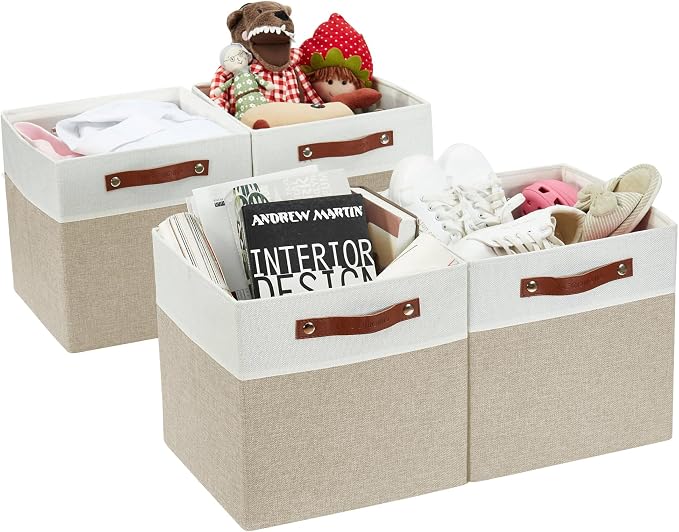 DECOMOMO Fabric Cube Storage Bins, Storage Baskets for Shelves 4 Pack | 11 inch Cube Storage Organizer for Kallax and Cubbies (Beige & White) by DECOMOMO