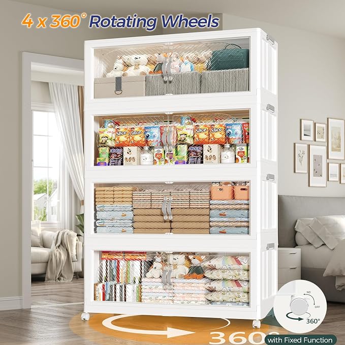 600QT Extra Large Stackable Storage Bins with Lid, 150Gal Plastic Closet Organizers and Storage Drawer, Collapsible Cabinet Box with Wheels Clear Doors for Home Kitchen Garage, 5Pack White - Image 5